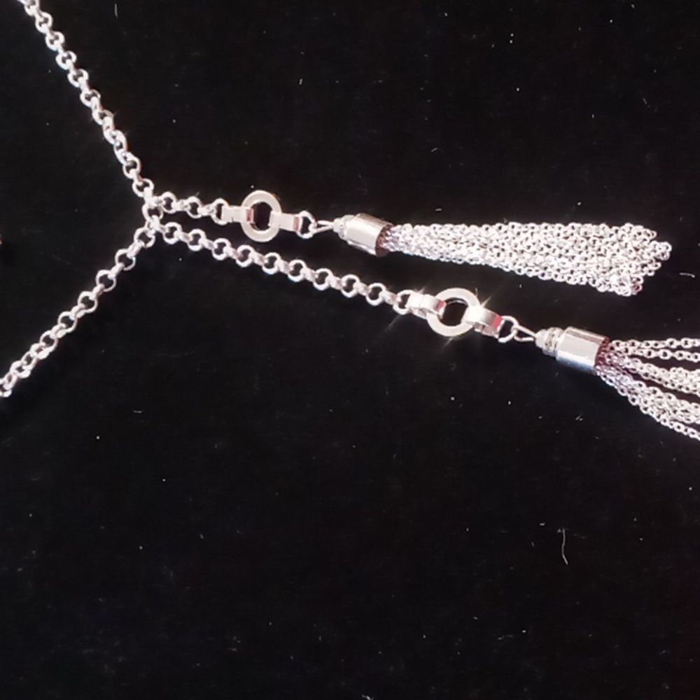 Tassel long necklace 30+3 inches long on rolo circle links chain.